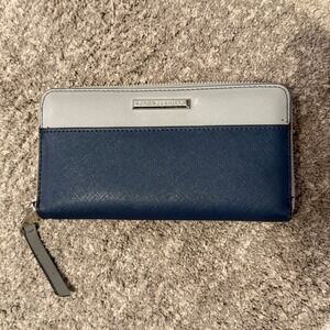 Dana Buchman Navy Grey Colorblock Zip Around Wallet Saffiano Faux Leather